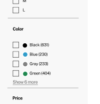 Feature: Color Selection in Facets. Best practice: Use circular color swatches for easy visual identification. Examples demonstrate various swatch sizes and layouts.