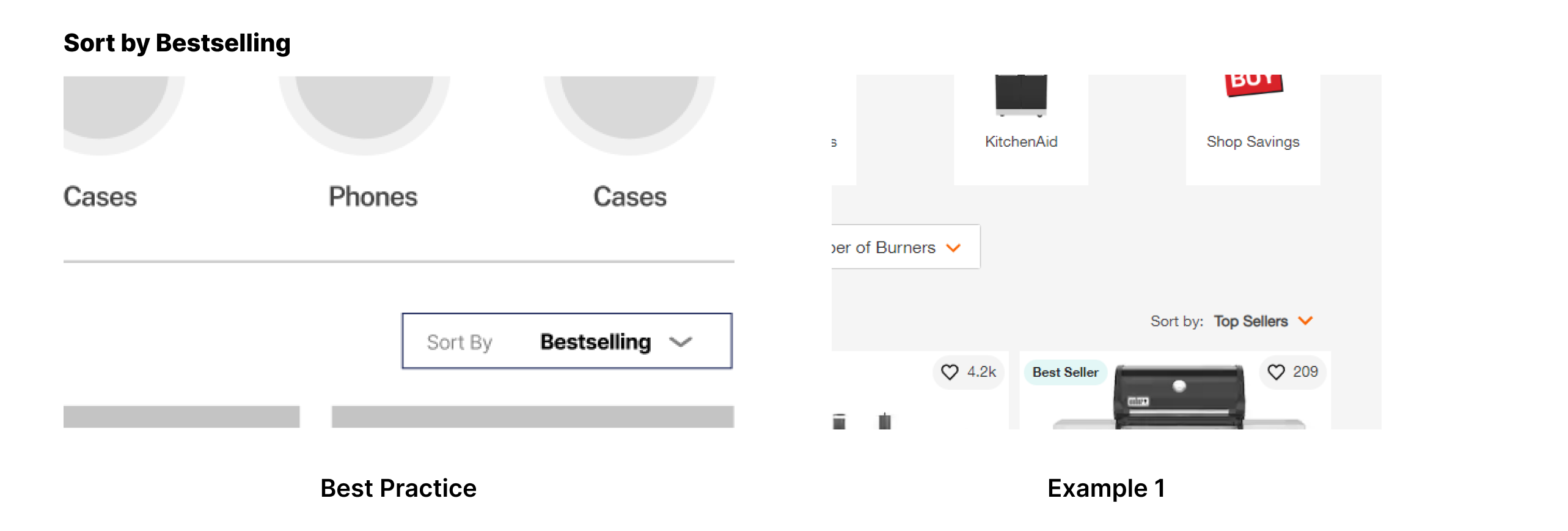 Feature: Default Sort by Bestselling. Best practice: Set 'Bestselling' as the default sort option. Examples illustrate various default sort choices and menu designs.