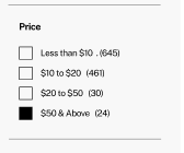 Feature: Price Selection in Facets. Best practice: Offer both slider and input fields for precise range selection. Examples show dropdown and checkbox alternatives.