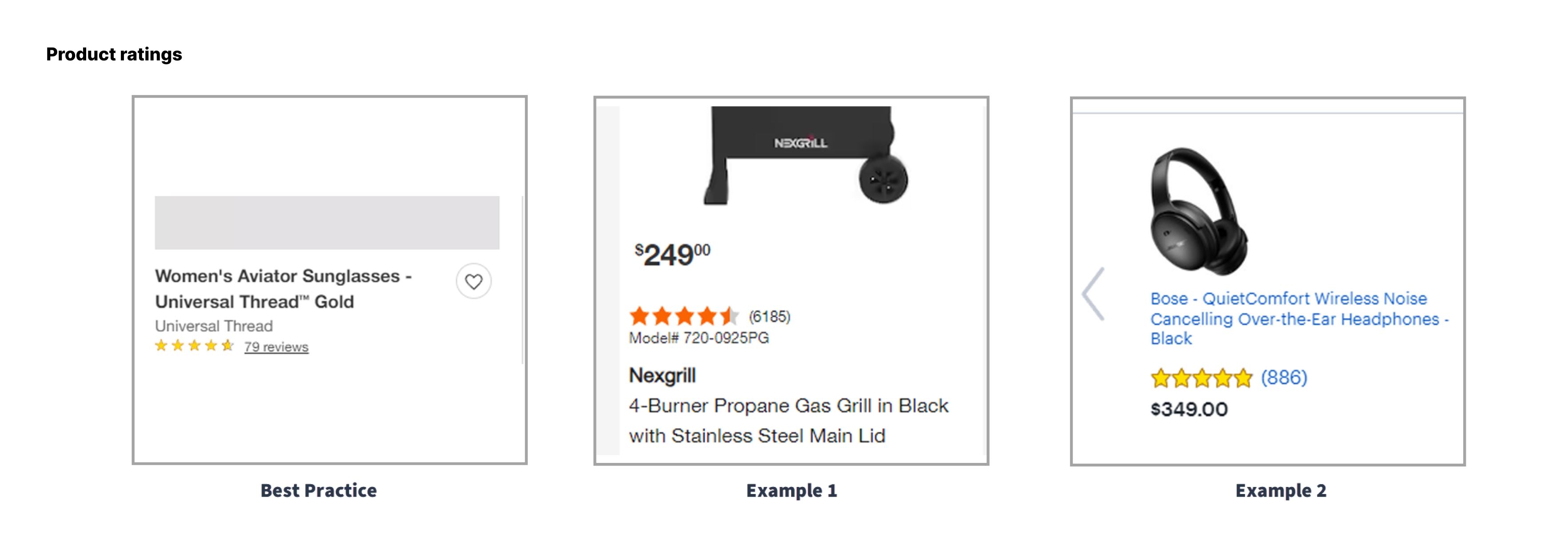 Feature: Product Review Star Ratings. Best practice: Include star ratings in the product grid for quick evaluation. Examples show different star rating implementations and additional review information.