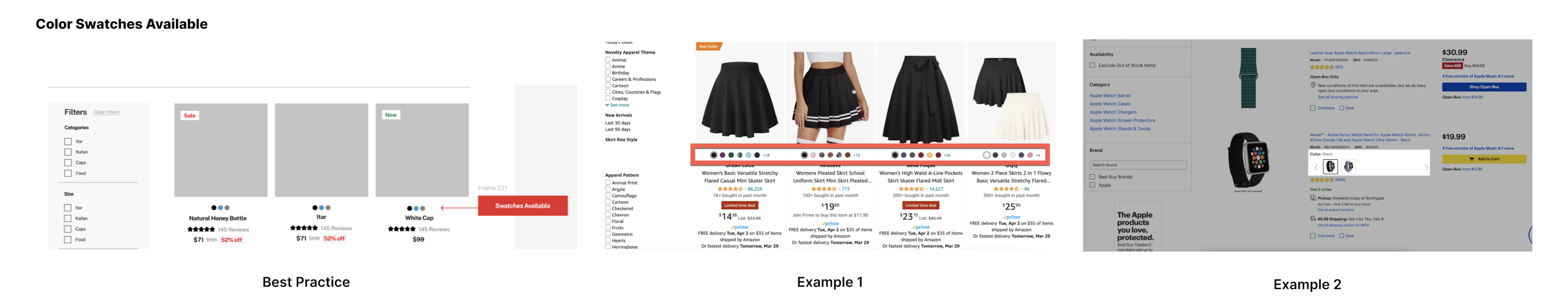 Feature: Color Swatches in Grid. Best practice: Hover-activated swatches for space efficiency. Examples demonstrate alternative placements and interaction methods.