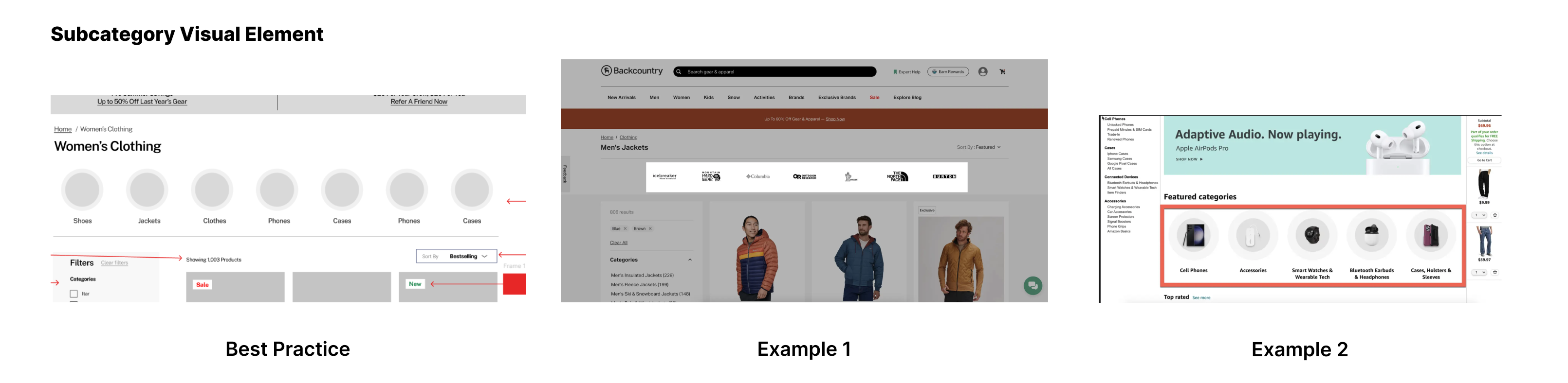 Feature: Subcategory Visual Element. Best practice: Image-based buttons for intuitive navigation. Examples present text-based and hybrid approaches to subcategory representation.