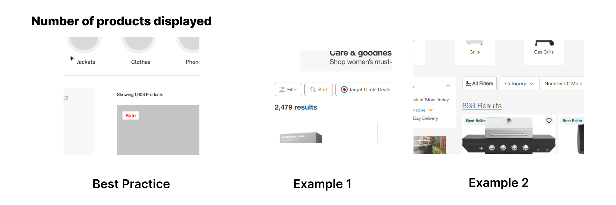 Feature: Number of Products Displayed. Best practice: Clear, prominent display of total product count. Examples show different placements and formatting of product count information.